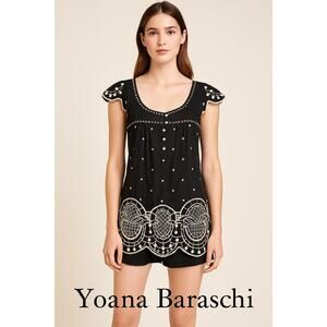Yoana Baraschi Silk Tunic Top Black Cream Embroidered Scallop Hem Boho Sz 6